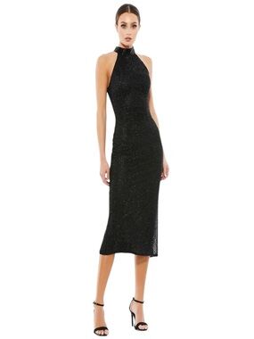 NWT Mac Duggal Black Cocktail Beaded Halter Midi Dress Formal Black Tie Wedding